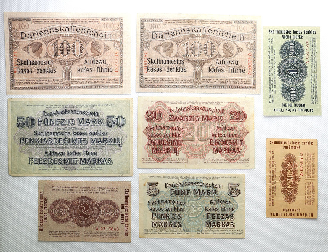 Polska OST. 1/2 - 100 marek 1918, Kowno, zestaw 8 banknotów